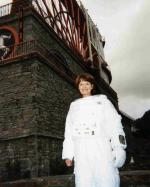 Space Island One - Judy Loe in her Spacesuit at the Laxey Wheel. Many thanks to Kevin Davies for allowing us to use this photo.