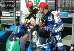 Norman Kneen (left) shaking hands with Stuart Sturrock at Grandstand, Douglas.